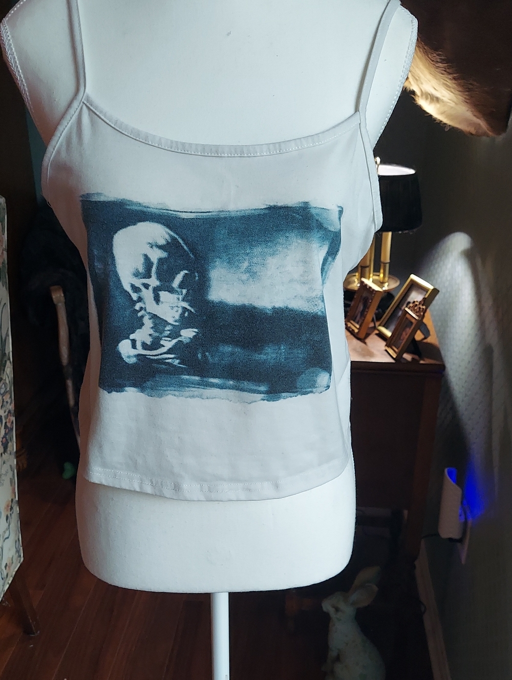 Source Unknown White Spaghetti Strap Tank with Blue Graphic
